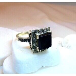 Vintage Marcasite Black Onyx Sterling Silver Ring Sz 6.75
